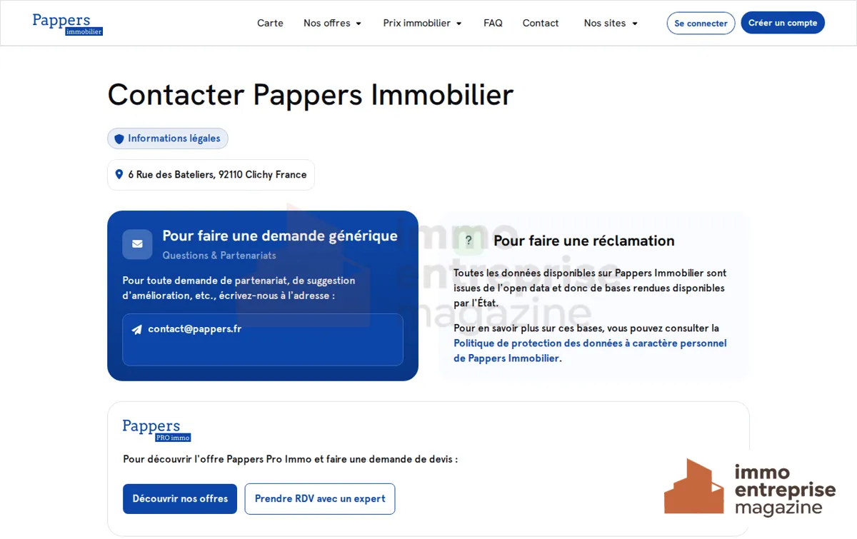Capture : Contacter Pappers Immobilier - Pappers